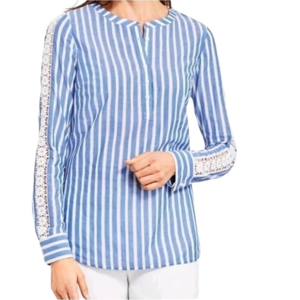 Talbots Blue and White Striped Top with Lace Sleeve Detail Plus Size 3XP PETITE